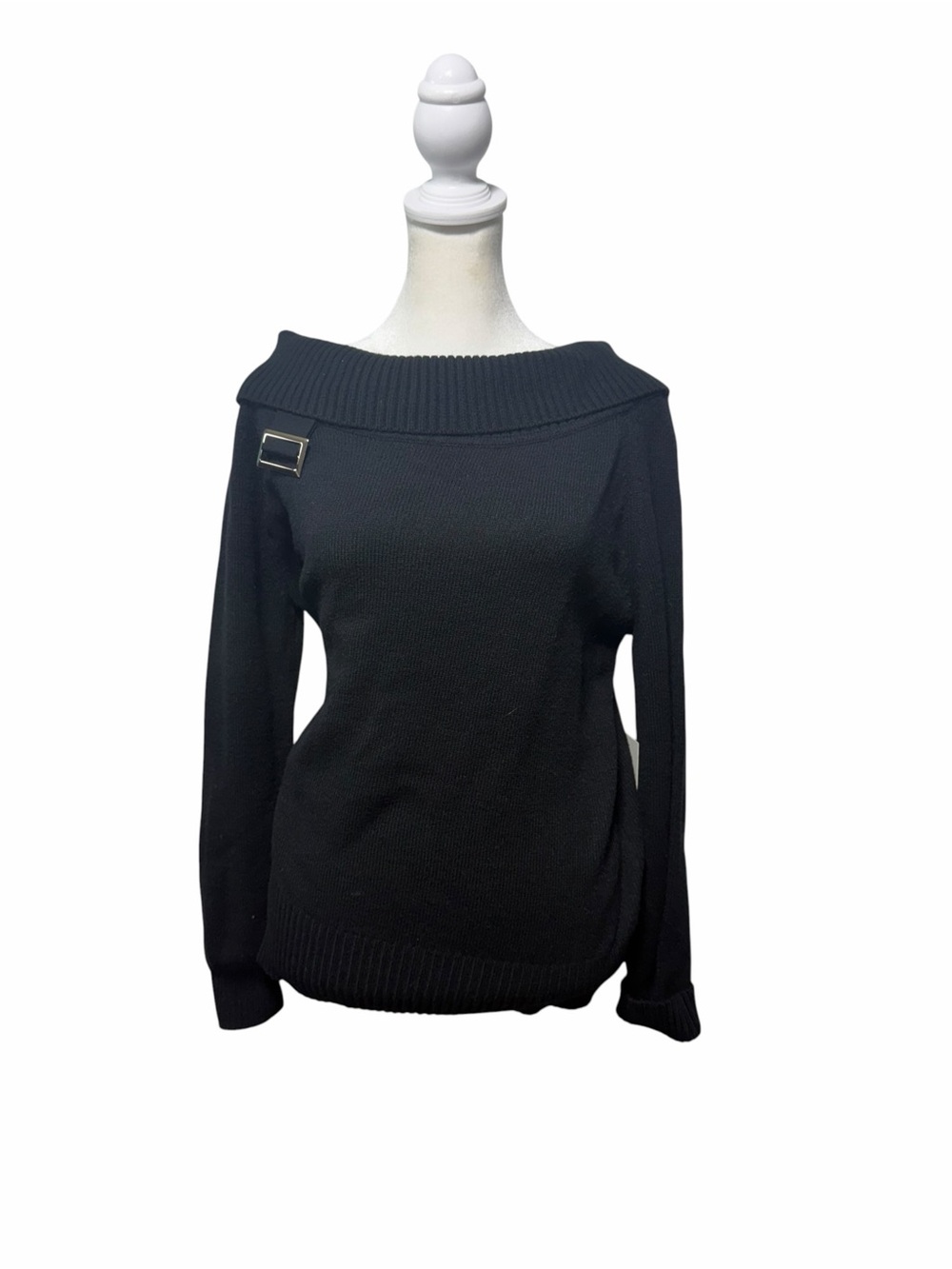 NWT Hazel Moon Off Shoulder Sweater Womens L Black Buckle Foldover Collar